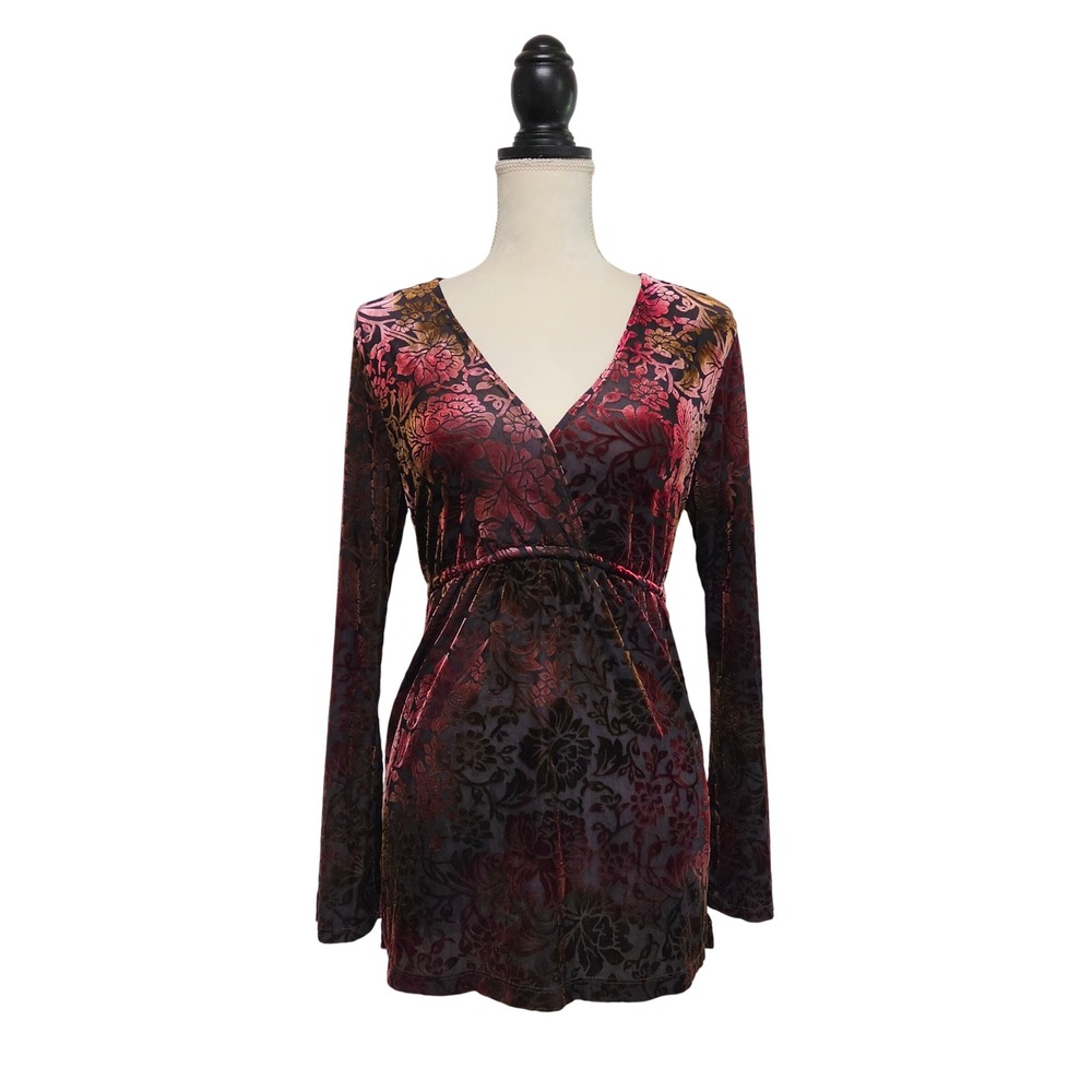 Vintage Y2K Burgundy & Bronze Burnout Velvet Floral Tunic Top Tie-Back Size M